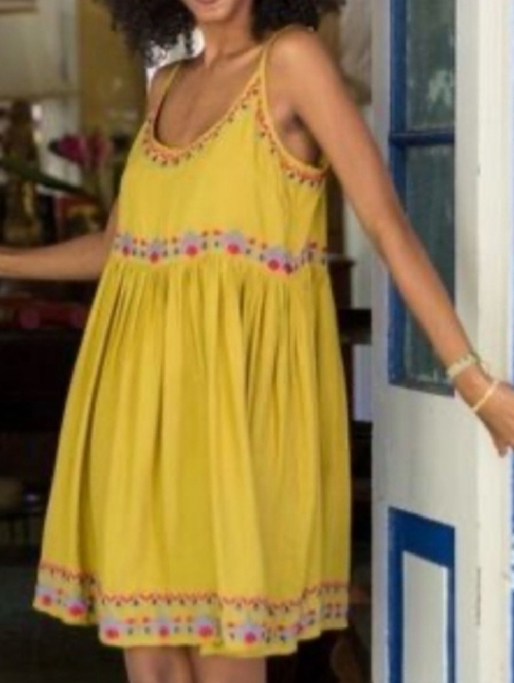 Natural Life Mustard Embroidered Mini Dress L Boho Floral Spaghetti Strap